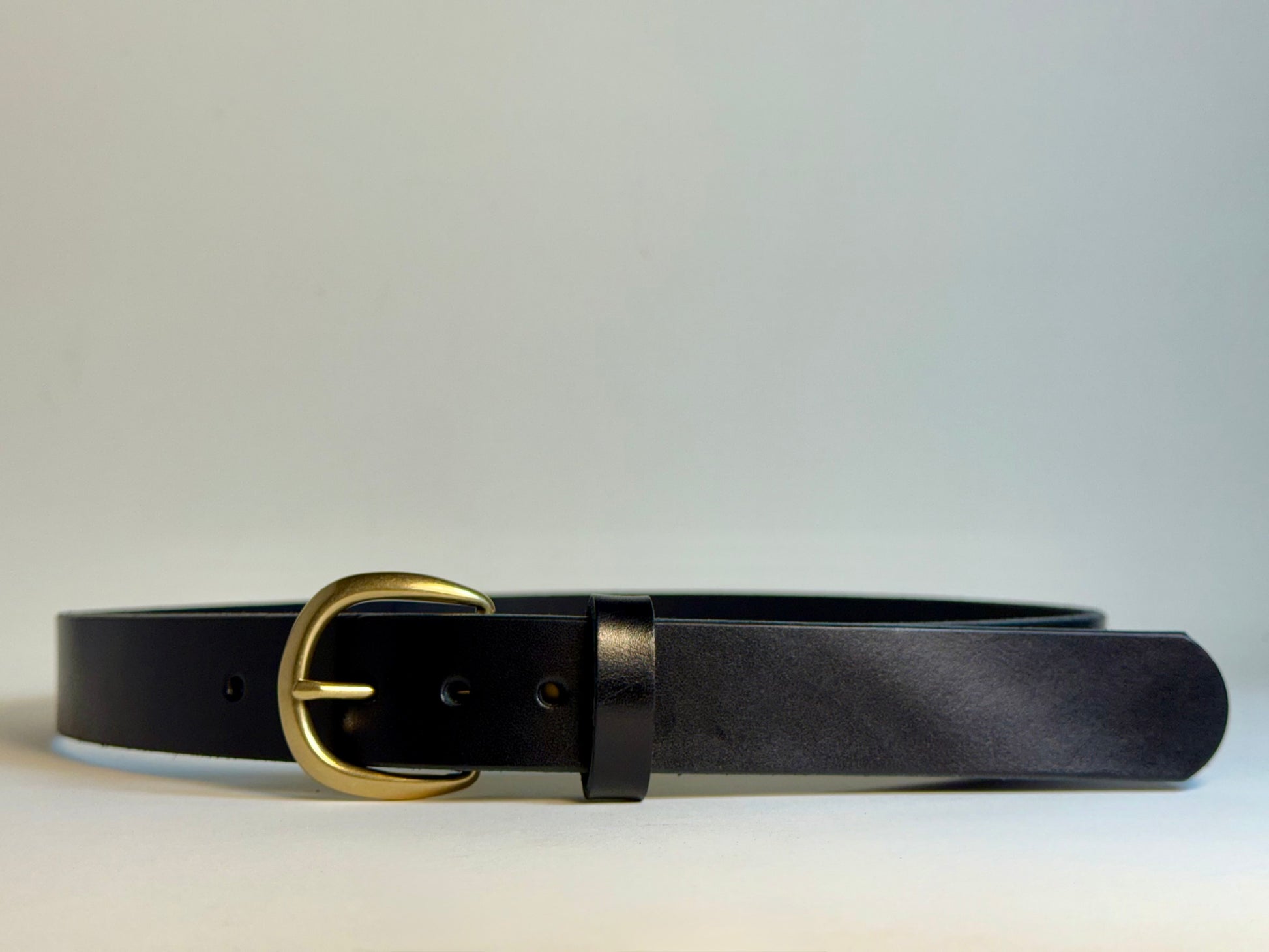 Black belt with a gold buckle on a light gray background