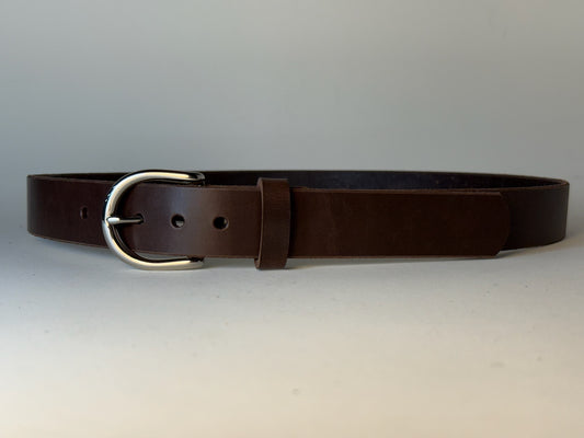 Dark brown leather belt with a silver buckle on a gray background