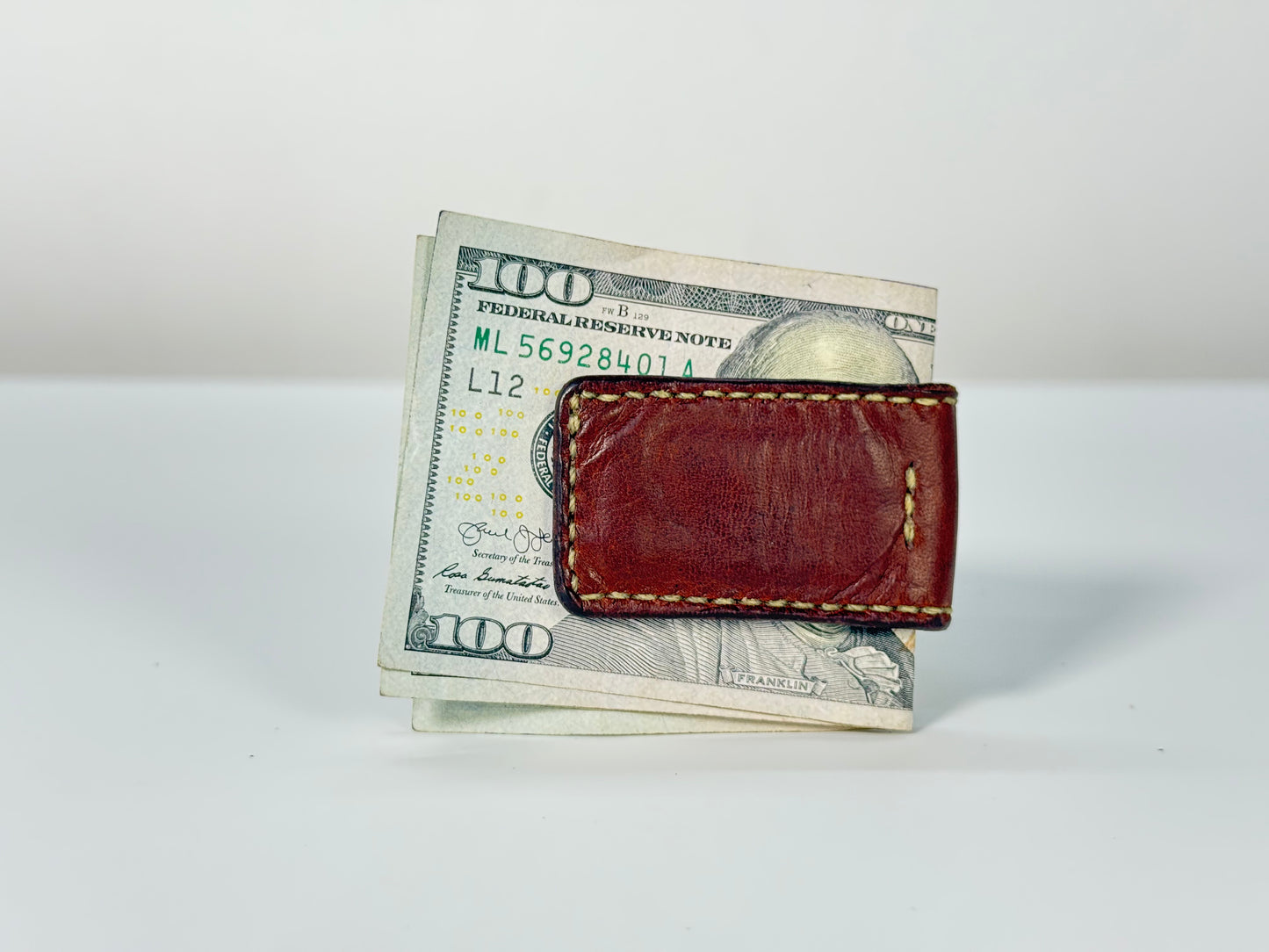Leather Magnetic Cash Clip With Hundred Dollar Bills